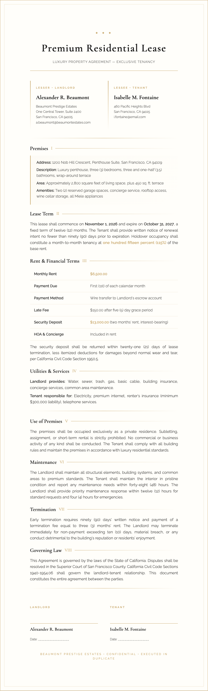 Luxury premium rental agreement